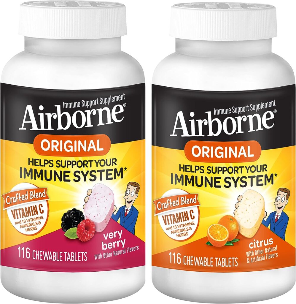 Airborne 1000mg Vitamin C Chewable Tablets Citrus  Very Berry Flavor Bundle - Immune Support Supplement with Zinc and Powerful Antioxidant Vitamins A C  E, (2x116ct bottles)*