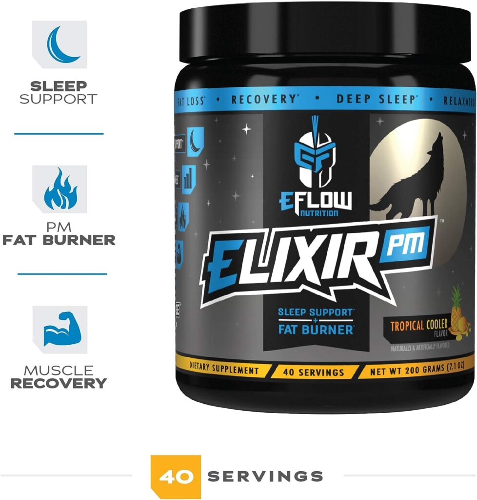eFlow Nutrition Elixir PM - Night time Fat Burner and Natural Sleep Support - GABA, l-carnitine, melatonin, Workout Recovery, Deeper Sleep  Relaxation, pm Weight Loss - Tropical Cooler (40 Servings)