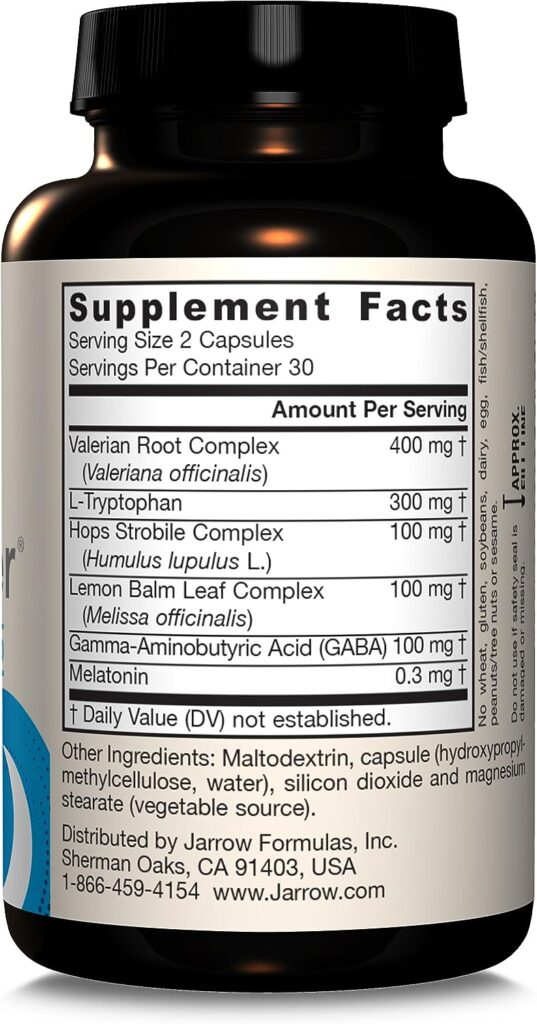 Jarrow Formulas Sleep Optimizer - 60 Veggie Caps - Promotes Healthy Sleep Cycle  Relaxation - Includes PharmaGABA, Hops Flower, Valerian, Melatonin  L-tryptophan - 30 Servings, 60 Count (Pack of 1)