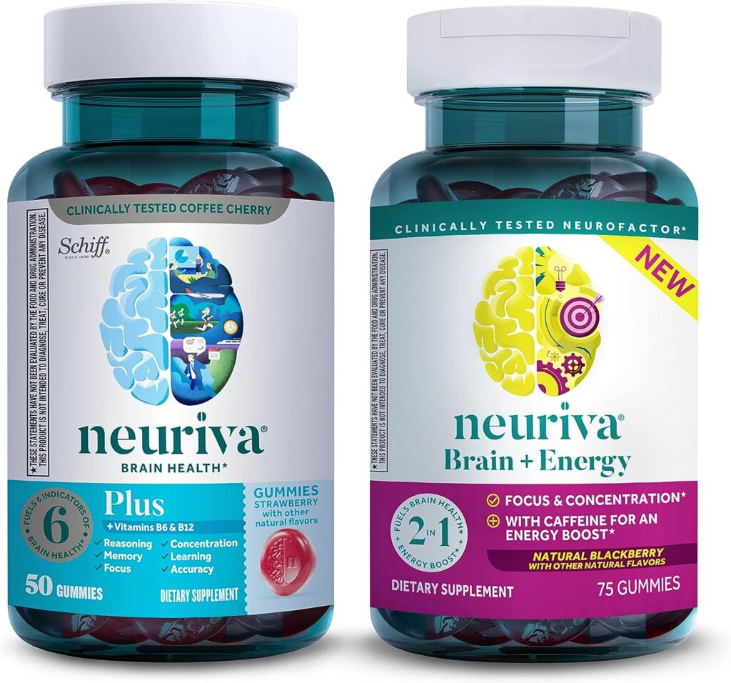 NEURIVA Nootropic Brain Support Supplement - Plus Strawberry Gummies 50 Count in a Bottle, Energy Gummies  Concentration with Neurofactor, Vitamin B12  Caffeine for an Energy Boost*,