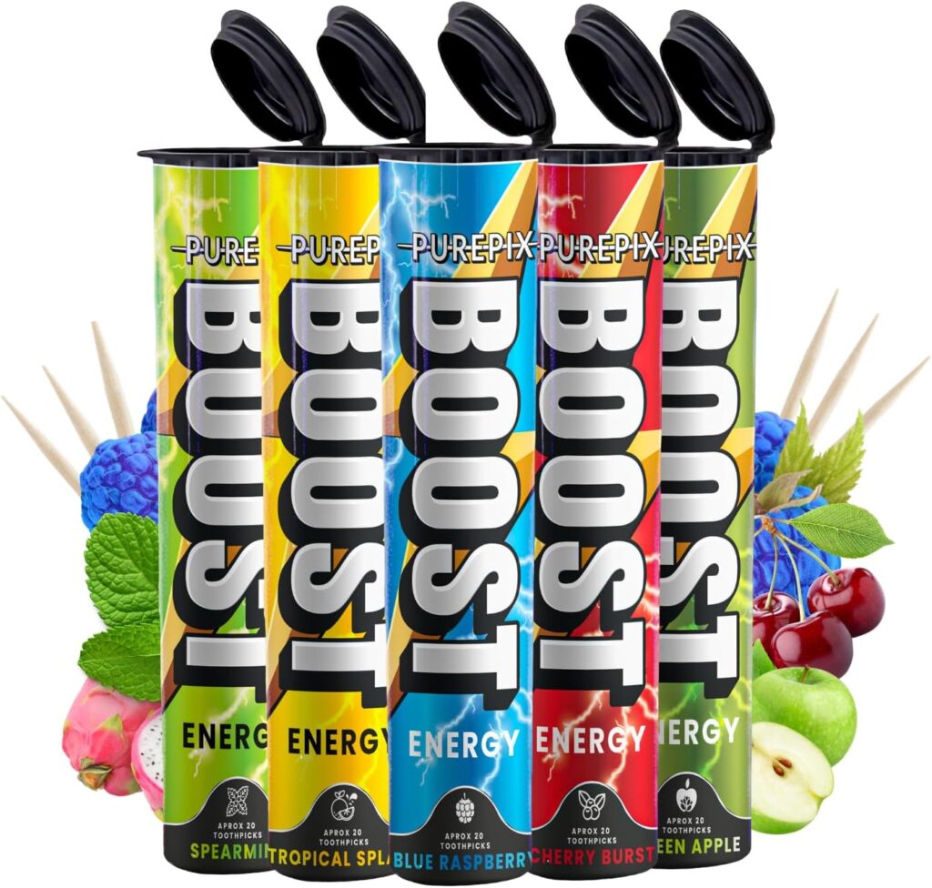 Purepix Premium Flavored Toothpick - Boost Energy and Focus Extra Thick with Caffeine Flavored Toothpick - Mental Clarity and Alertness - Energy Toothpicks -5 Flavors Variety Pack