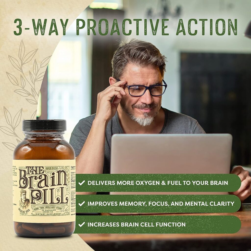 The Brain Pill 90 Capsules - Organic and Natural Brain Booster Supplement Memory Pills for Brain with Lions Mane, Ginkgo Biloba, Sage - Brain Booster Supplement for Focus, Memory, Clarity, Energy