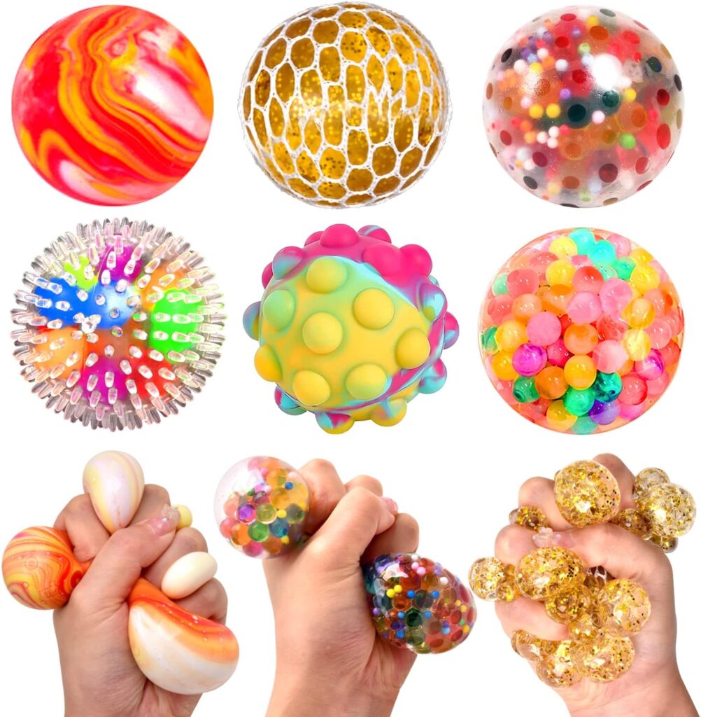 6 Pack Squishy Stress Balls for Kids and Adults Fidget Toys, Sensory Squeeze Ball with Colorful Water Beads, Pop Fidget Ball, Mesh Ball, Color Change Ball, Help to Relax, Decompress and Focus