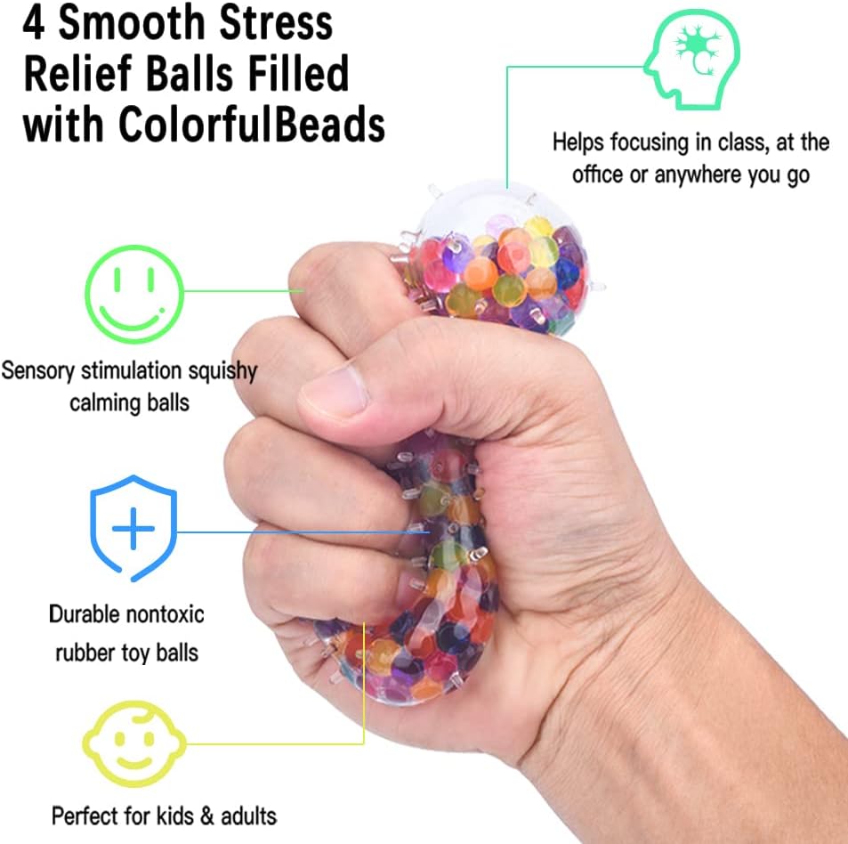 ALMAH Stress Balls for Adults and Kids (4 Pack), Squishy Balls with Water Bead, Squeeze Ball to Relax, Focus, Decompress, Anxiety Relief, for Autism ADHD and More