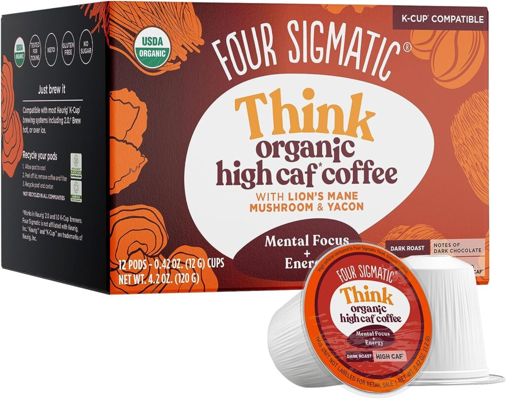 Four Sigmatic High Caffeine Mushroom Coffee K-Cups | Organic and Fair Trade Dark Roast Coffee with Lions Mane  Chaga | Focus  Immune Support | Vegan  Keto | Sustainable Pods | 12 Count