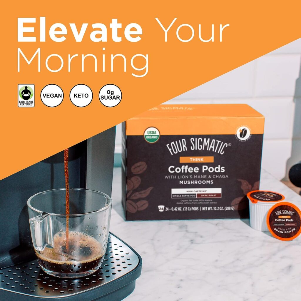 Four Sigmatic High Caffeine Mushroom Coffee K-Cups | Organic and Fair Trade Dark Roast Coffee with Lions Mane  Chaga | Focus  Immune Support | Vegan  Keto | Sustainable Pods | 12 Count