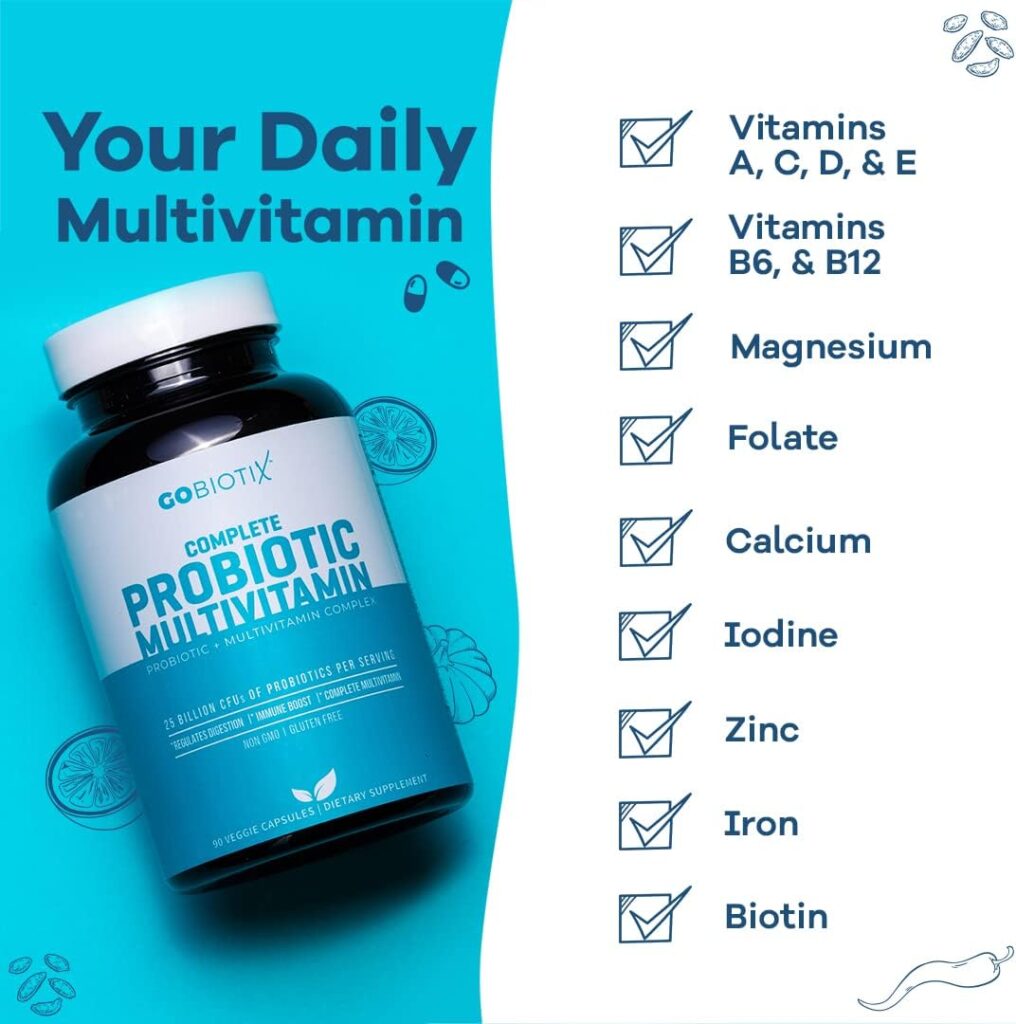 GOBIOTIX Probiotic Multivitamin | Daily Multivitamin with Probiotics | 25 Billion CFU | Immune Boost  Digestive Health, Flora Probiotic for Women  Men | Gluten Free ● 90 Veggie Capsules