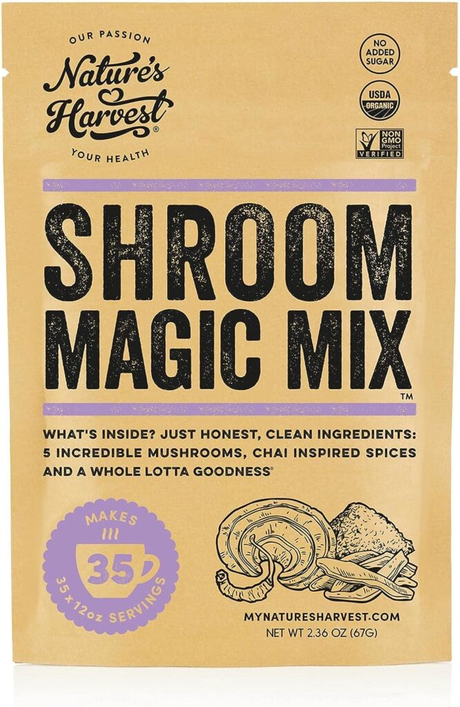 Natures Harvest Mushroom Powder Turmeric Latte Mix - (35 Servings) - Shroom Magic 5 Mushroom Blends with Reishi, Chaga, Cordyceps, Lions Mane and Turkey Tail - for Hot and Cold Drinks