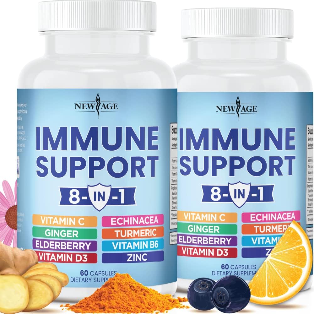 NEW AGE 8 in 1 Immune Support Booster Supplement with Elderberry, Vitamin C and Zinc 50mg, Vitamin D 5000 IU, Turmeric Curcumin  Ginger, B6, Echinacea 120 Count (Pack of 2)