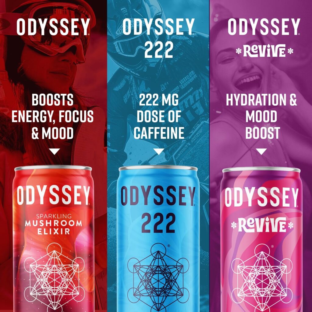 ODYSSEY ELIXIR - Sparkling Energy Mushroom Drink - Lions Mane  Cordyceps - Mental Focus  Stress Relief - Mushroom Coffee Alternative - Organic Caffeine - Adaptogens - Blackberry Lemon Twist - 12 Pk