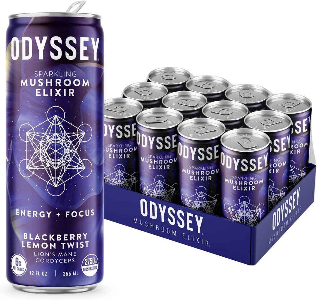 ODYSSEY ELIXIR - Sparkling Energy Mushroom Drink - Lions Mane  Cordyceps - Mental Focus  Stress Relief - Mushroom Coffee Alternative - Organic Caffeine - Adaptogens - Blackberry Lemon Twist - 12 Pk