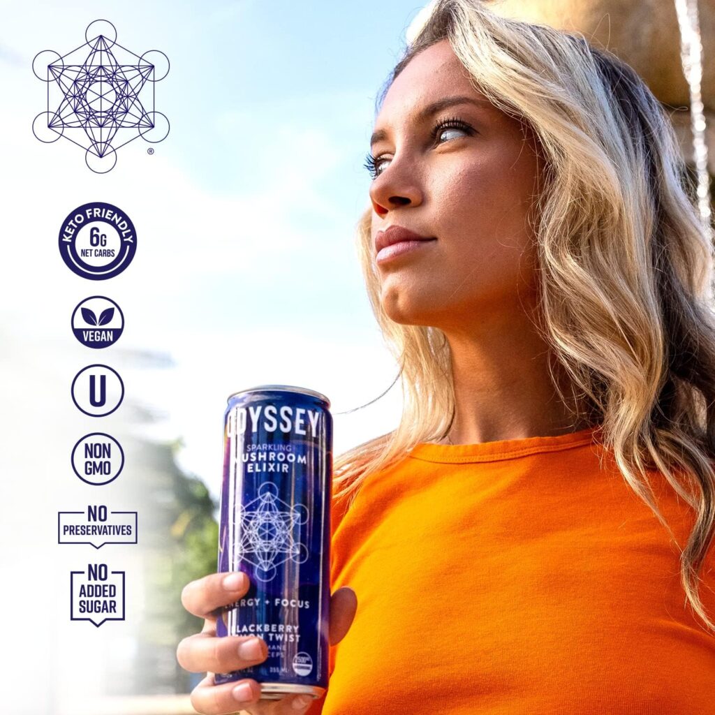 ODYSSEY ELIXIR - Sparkling Energy Mushroom Drink - Lions Mane  Cordyceps - Mental Focus  Stress Relief - Mushroom Coffee Alternative - Organic Caffeine - Adaptogens - Blackberry Lemon Twist - 12 Pk