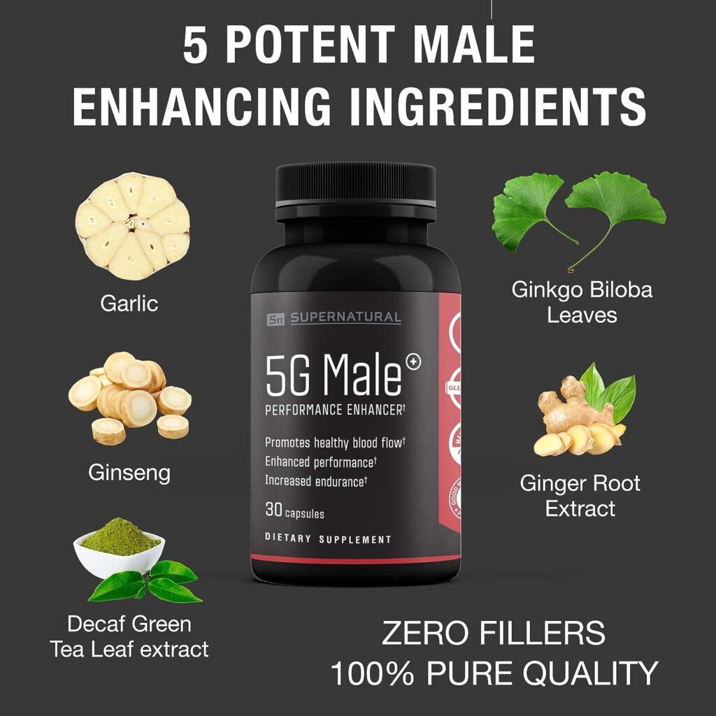 Supernatural Man 5G Male Natural T Booster Enhancing Supplement for Blood Flow, Stamina, Strength  Endurance Ginseng, Garlic, Ginkgo, Ginger Root, Vitamin D - Supports Healthy Males - 30 Capsules