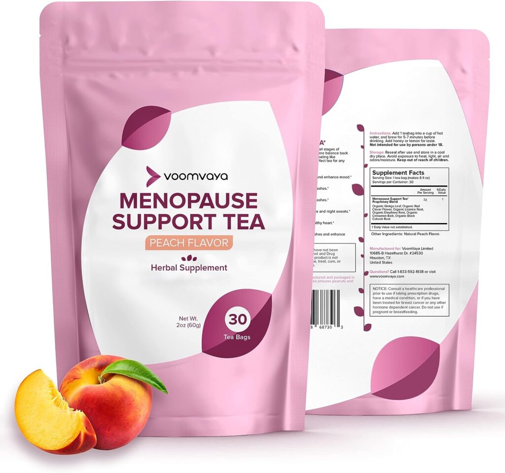 VoomVaya Menopause Support Tea - Natural Menopause Relief For Women with Red Clover  Black Cohosh - Alleviates Hot Flashes, Night Sweats, Mood Swings - Peach Flavor - 30 Teabags