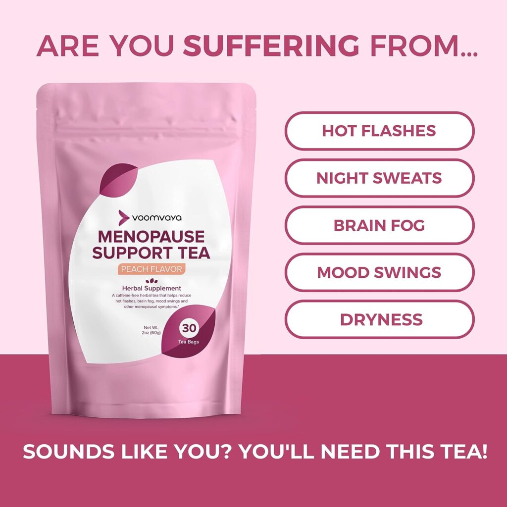 VoomVaya Menopause Support Tea - Natural Menopause Relief For Women with Red Clover  Black Cohosh - Alleviates Hot Flashes, Night Sweats, Mood Swings - Peach Flavor - 30 Teabags