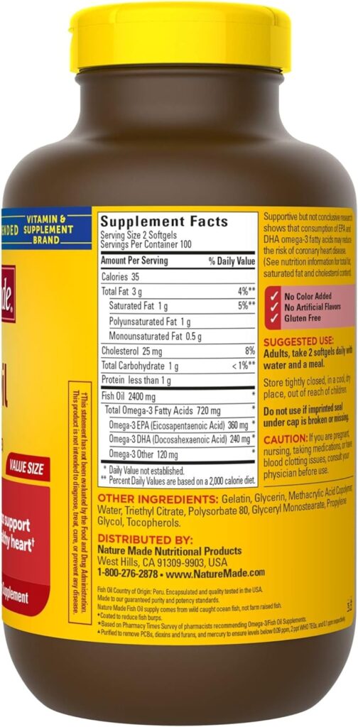 Nature Made Fish Oil 1200 mg Softgels, Fish Oil Supplements, Omega 3 Fish Oil for Healthy Heart Support, Omega 3 Supplement with 100 Softgels, 50 Day Supply