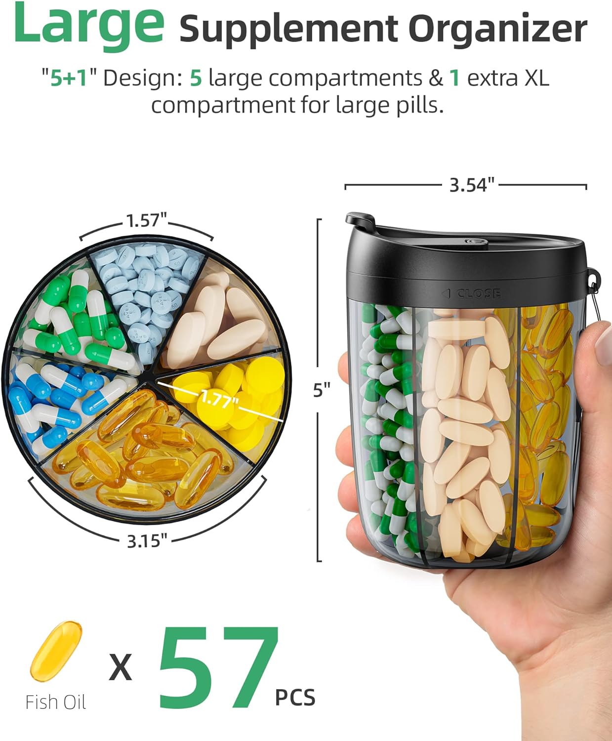 Large Supplement Organizer Bottle, Holds Plenty of Vitamins in 1 Monthly Pill Dispenser with Anti-Mixing Wide Openings Design, Easy to Retrieve Meds, Includes 20 Pcs Stick-on Labels