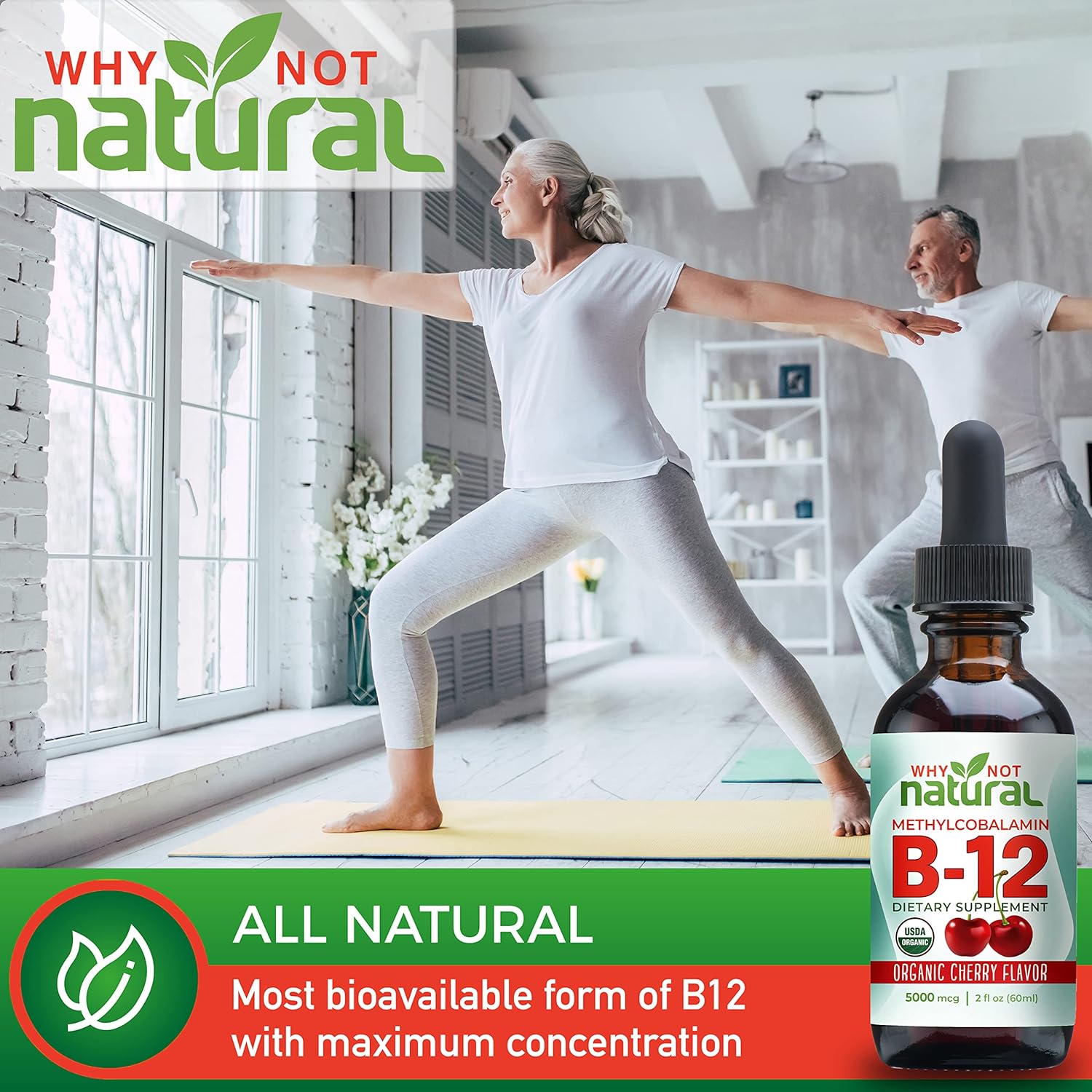 Organic Vitamin B12 Liquid - Sublingual Extra Strength 60 x 5000 mcg Drops, Methylcobalamin, Natural Cherry Flavor, Vegan, Maximize Absorption and Energy