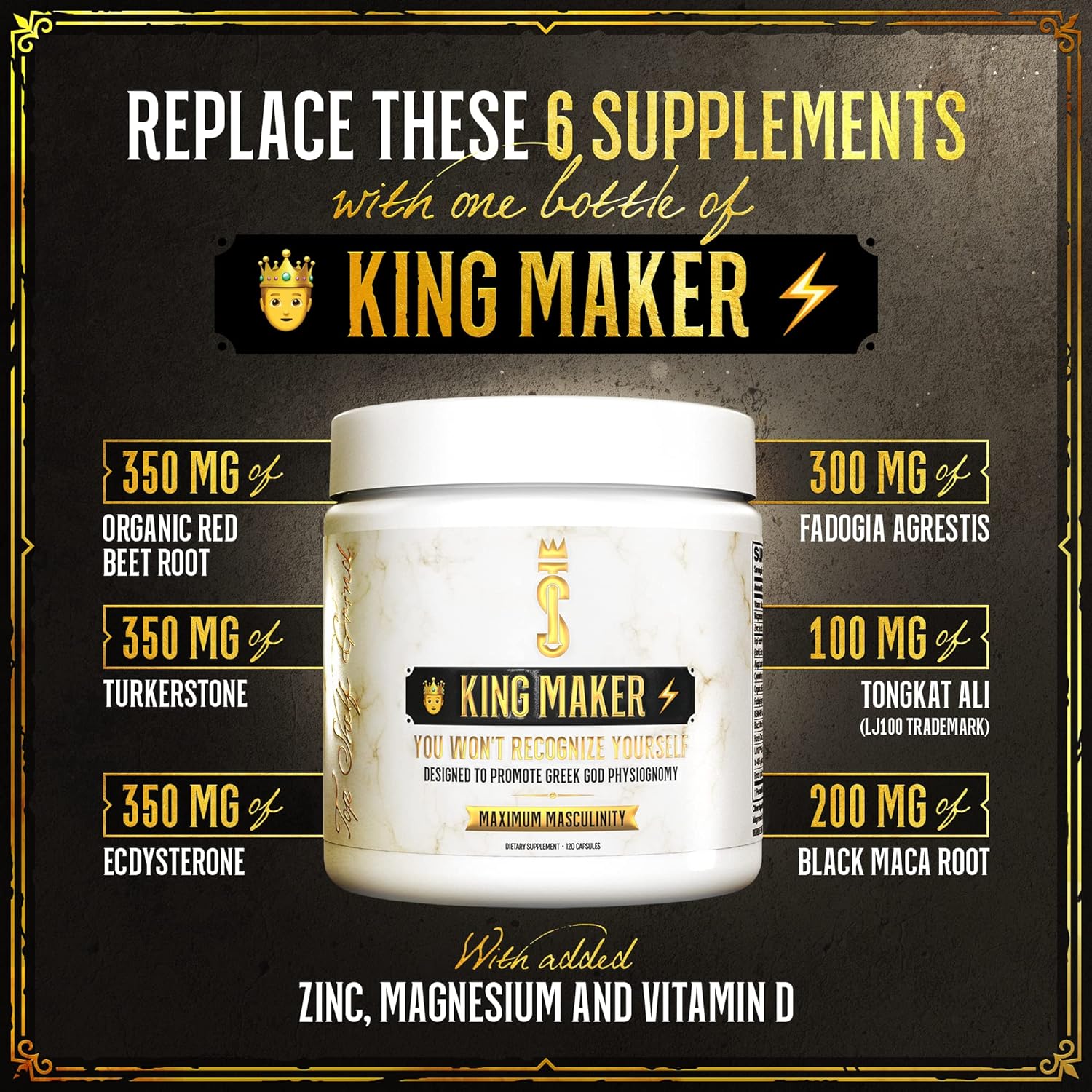 Top Shelf Grind King Maker, 13-in-1 Anabolic Supplement for Men to Increase Stamina, Lean Muscle Growth Recovery, N.O. Booster with Tongkat Ali (LJ100), 120 Capsules